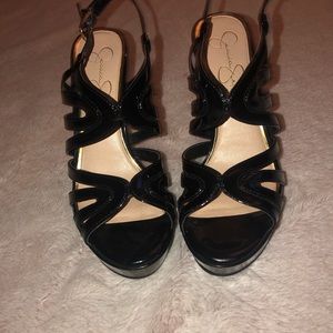Black strappy open toed high heels